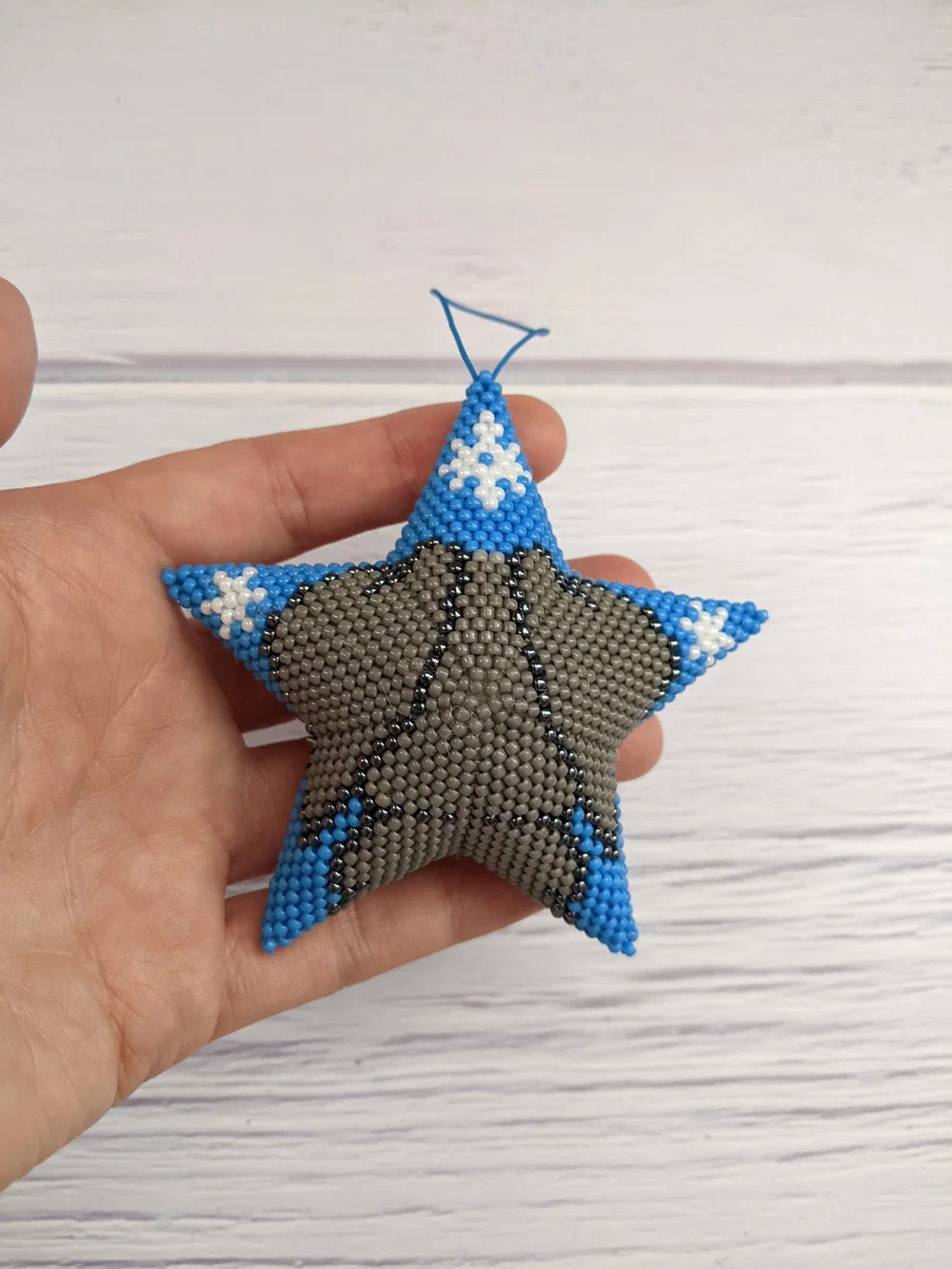 Beaded Star Bunny Ornament in Blue and Gray